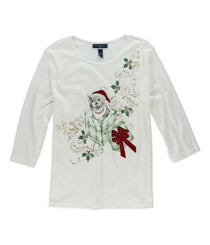 Karen Scott Womens Christmas Cat Embellished T-Shirt brightwhite 1X