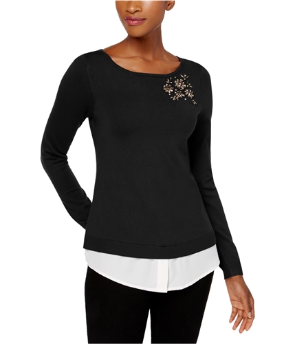 Charter Club Womens Layered-Look Brooch Pullover Sweater black L