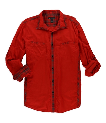 I-N-C Mens Plaid Trim Button Up Shirt redcurrant XL
