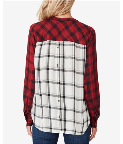 Jessica Simpson Womens Mixed Plaid Pullover Blouse wine S