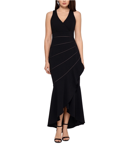 XSCAPE Womens Piped Mermaid-Hem Asymmetrical Gown Ruffled Dress black 4
