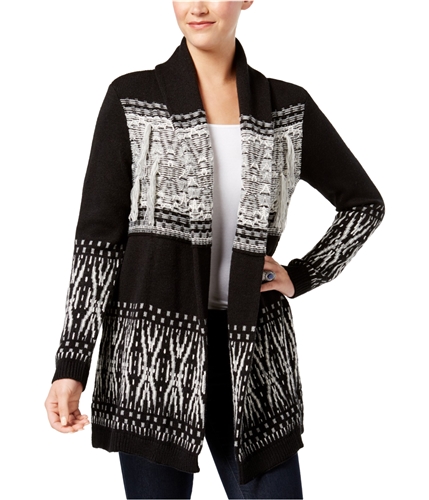 Style&co. Womens Fringe Lapelled Cardigan Sweater blackcombo L