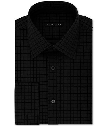 Sean John Mens French Cuff Velvet Check Button Up Dress Shirt black 16.5