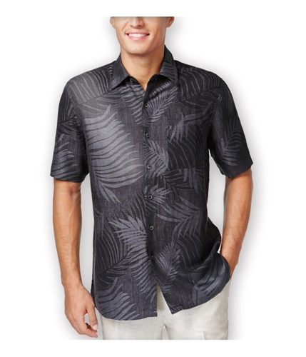 Tasso Elba Mens Linen Leaf Jacquard Button Up Shirt blackcombo 3XLT