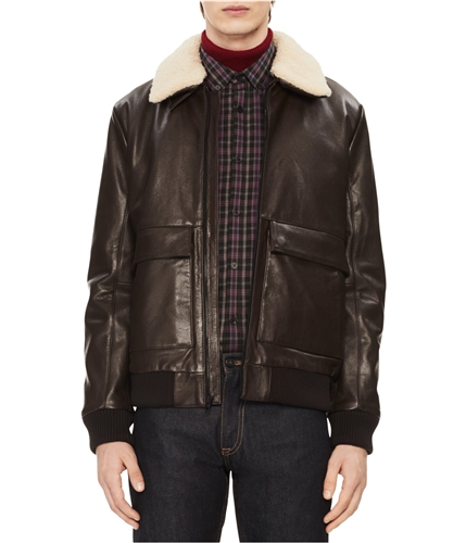 Calvin Klein Mens Sherpa Trim Leather Jacket darkbrown XS