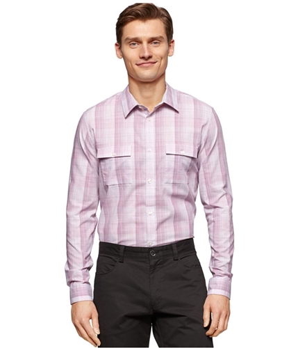 Calvin Klein Mens Slub Ombre Plaid Button Up Shirt phlox S