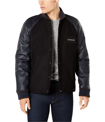 Calvin Klein Mens Leather Sleeve Varsity Jacket black S