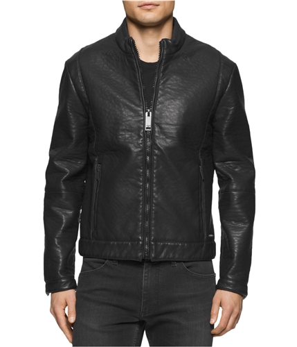 Calvin Klein Mens Faux-Leather Aviator Jacket black S