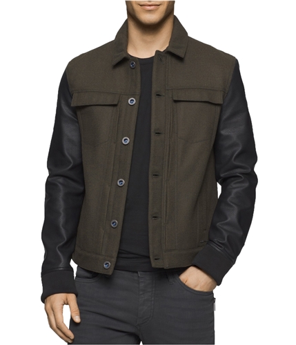 Calvin Klein Mens Leather-Sleeve Trucker Jacket armygreen S