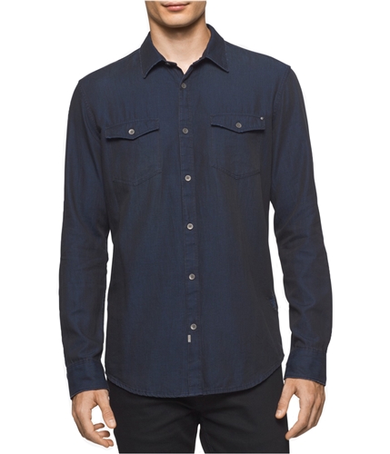 Calvin Klein Mens Distressed Button Up Shirt blueweft S