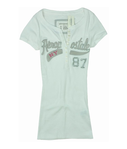 Aeropostale Womens Embroidered Ny 1987 Henley Shirt bleachwhite XS