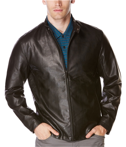 Perry Ellis Mens Snap Tab Faux-Leather Jacket black S
