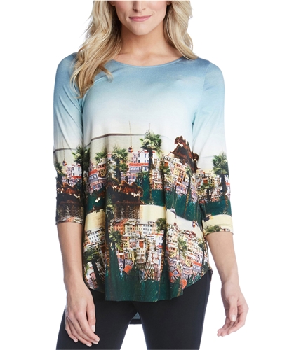 Karen Kane Womens Scenic Print High Low Hem Basic T-Shirt multicolor XS
