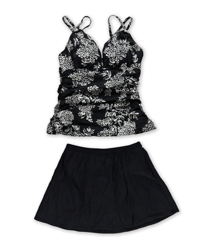 Swim Solutions Womens Floral Solid Skirt 2 Piece Tankini blackwhite 10