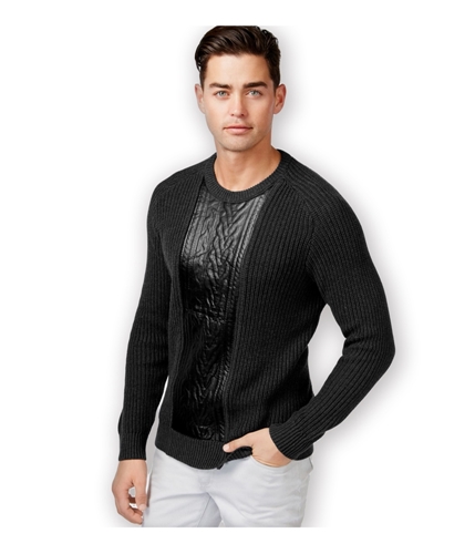 I-N-C Mens faux Leather Cable Knit Pullover Sweater deepblack S