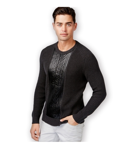 I-N-C Mens Faux Leather Cable Knit Pullover Sweater charcoalhtr S
