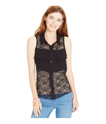 Material Girl Womens Lace Button Down Blouse caviarblack XXS