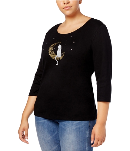 Karen Scott Womens Moon Cat Graphic T-Shirt deepblack 1X