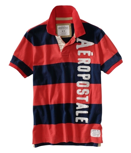 Aeropostale Mens Thick Stripe Embroidered Rugby Polo Shirt sunreds XL