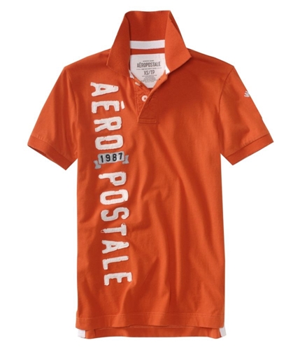 Aeropostale Mens Embroidered 1987 Solid Rugby Polo Shirt orange M