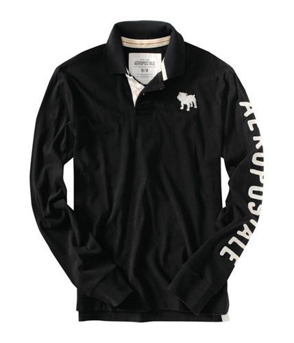 Aeropostale Mens Embroidered Bull Dog Ls Rugby Polo Shirt black S