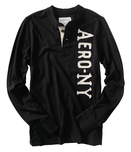 Aeropostale Mens Long Sleeve Embroidered Henley Shirt black XS