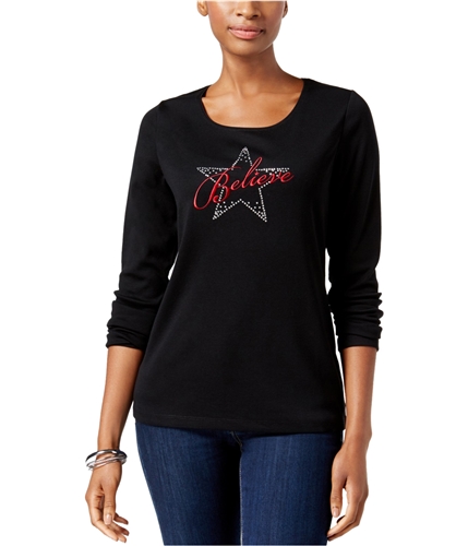 Karen Scott Womens Believe Embellished T-Shirt deepblack M
