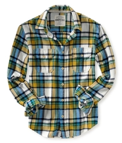 Aeropostale Mens Long Sleeve Flannel Button Up Shirt pearlyellow S