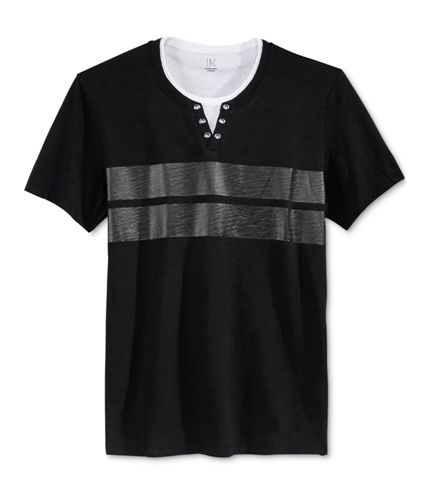 I-N-C Mens Gillman Stripe Split Neck Graphic T-Shirt deepblack S