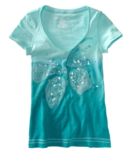 Aeropostale Womens Sequence Butterfly V-neck Graphic T-Shirt tealli XS