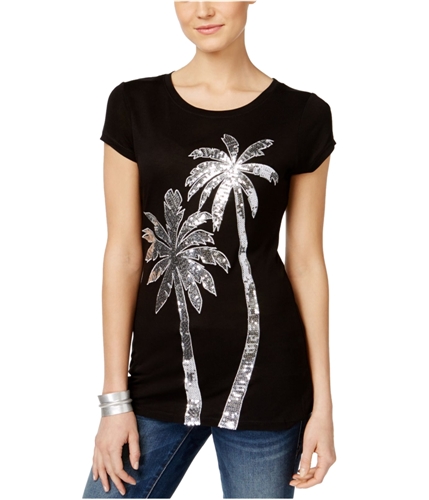 I-N-C Womens Sequined Palm Tree Embellished T-Shirt deepblack L