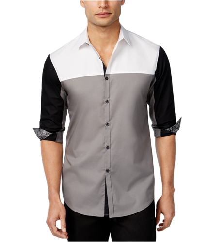 I-N-C Mens Colorblocked Contrast Button Up Shirt grey M