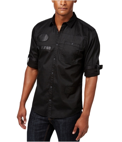 I-N-C Mens Faux Leather Trim Button Up Shirt deepblack L