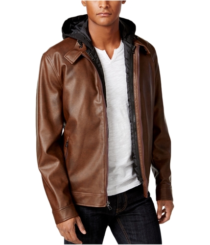 I-N-C Mens Faux-Leather Bomber Jacket brown S