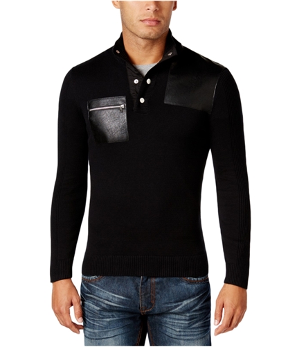 I-N-C Mens Faux Leather Mock Neck Henley Sweater deepblack M