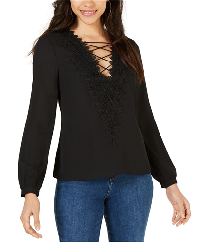 Leyden Womens Lace-Trim Pullover Blouse black XS