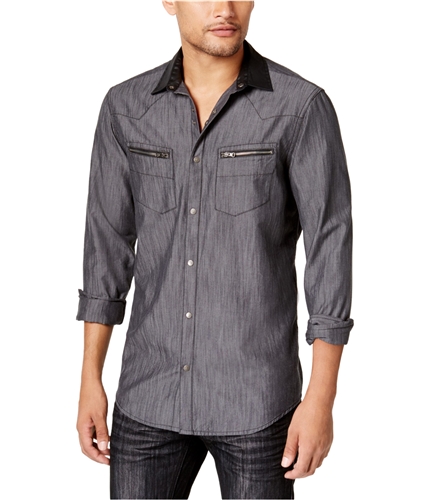 I-N-C Mens Chambray Snap-Front Button Up Shirt deepblack M