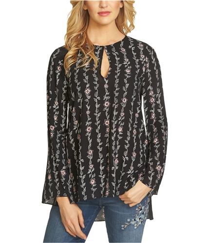 CeCe Womens Printed Bell-Sleeve Pullover Blouse black L