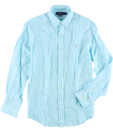 Ralph Lauren Mens Standard Linen Button Up Shirt aquawhite S