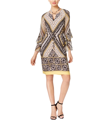 I-N-C Womens Printed Sheath Dress neutralyellow 8