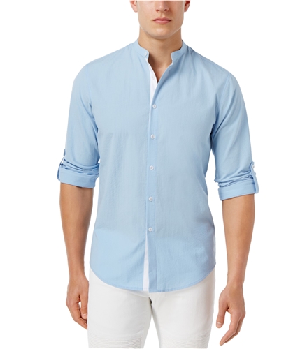 I-N-C Mens Banded Texture Button Up Shirt clearblue L