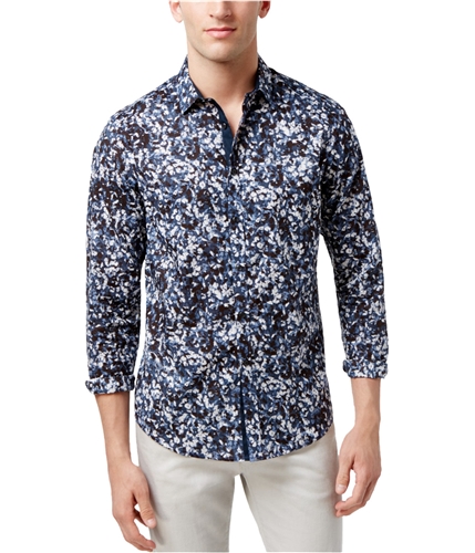 I-N-C Mens Abstract Button Up Shirt bluecombo XS