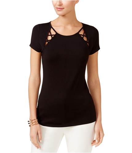 I-N-C Womens Lattice-Inset Basic T-Shirt deepblack 2XL
