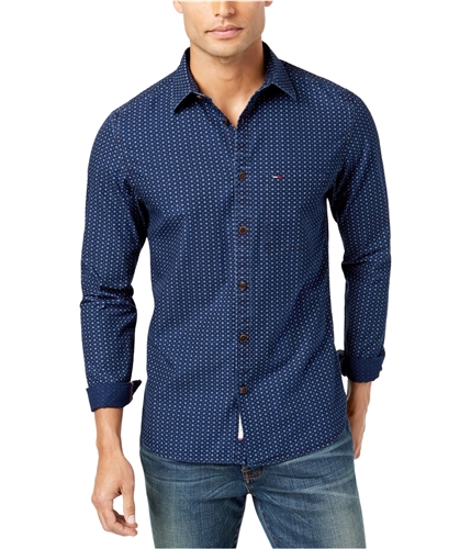 Tommy Hilfiger Mens Neat-Print Denim Button Up Shirt 154 S