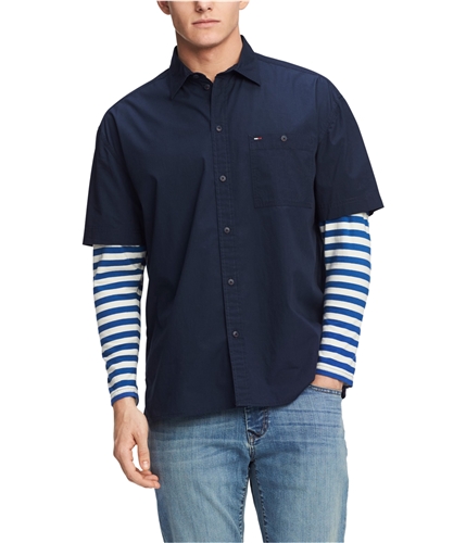 Tommy Hilfiger Mens Oversized Striped Sleeve Button Up Shirt navy S