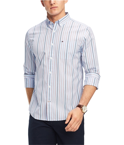 Tommy Hilfiger Mens Classic Fit Striped Button Up Shirt blue XL