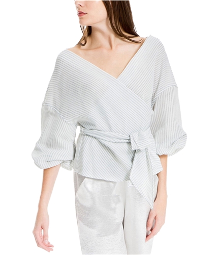 Max Studio London Womens Belted Wrap Blouse greywht XS