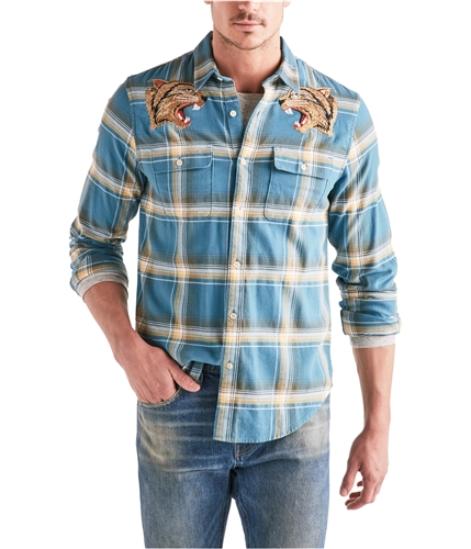 Lucky Brand Mens Tiger Plaid Button Up Shirt bluemulti S