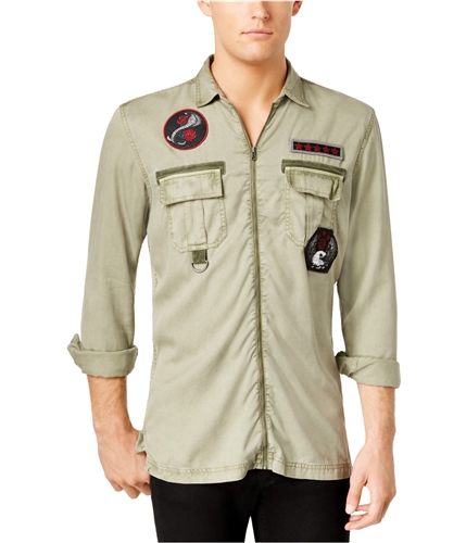 I-N-C Mens Zip-Front Patch Embellished T-Shirt desertgreen S