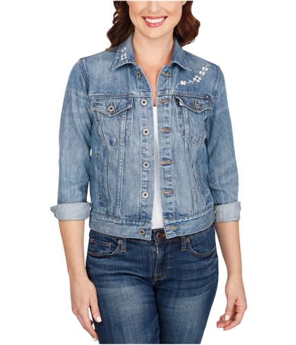 Lucky Brand Womens Embroidered Jean Jacket windyblue XS